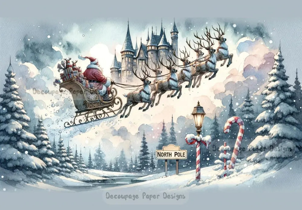Decoupage Creatives, Rice Paper, Santa, Reindeer, Sleigh, Castle, North Pole, Winter, Mixed Media, Christmas, A4 8.27 X 11.69, DPD-229 Decoupage Creatives