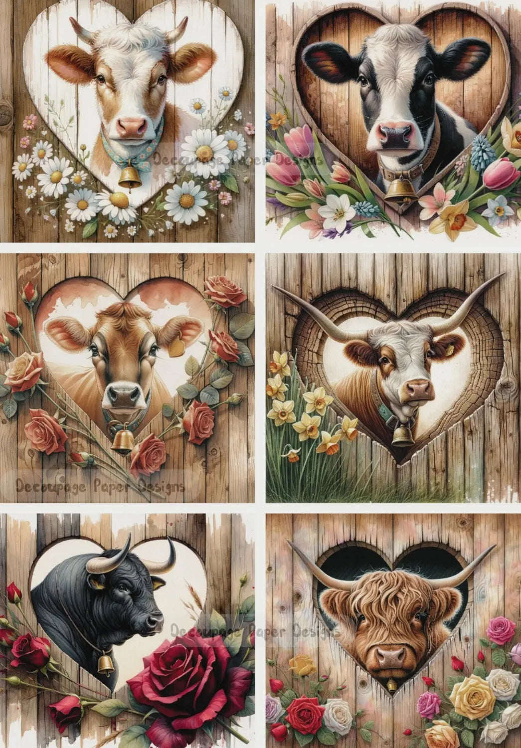 Decoupage Creatives, Rice Paper, Farm, Animals, Hearts, Squares, Cows, Steer, Flowers, Squares, Mixed Media, A4 8.27 X 11.69 DPD273 Decoupage Creatives
