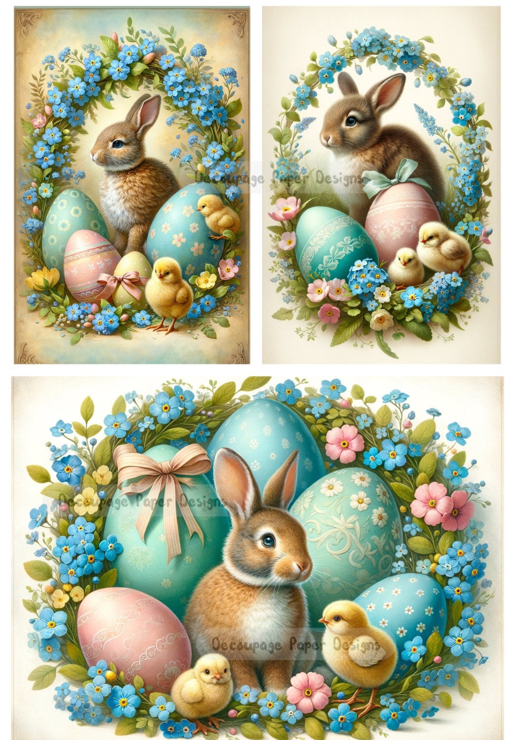 Decoupage Creatives, Rice Paper, Mixed Media, Easter, Eggs, Bunnies, Rabbits, Squares, Chics, Flowers, Squares A4 8.27 X 11.69, DPD-277