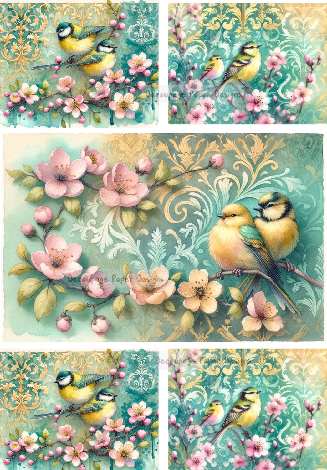 Decoupage Creatives, Rice Paper, Mixed Media, Spring, Birds, Flourishes, Shabby Chic, Flowers, Squares A4 8.27 X 11.69, DPD-300