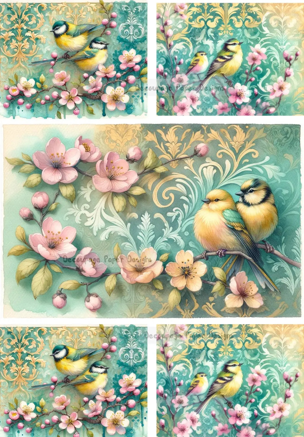 Decoupage Creatives, Rice Paper, Mixed Media, Spring, Birds, Flourishes, Shabby Chic, Flowers, Squares A4 8.27 X 11.69, DPD-300 Decoupage Creatives