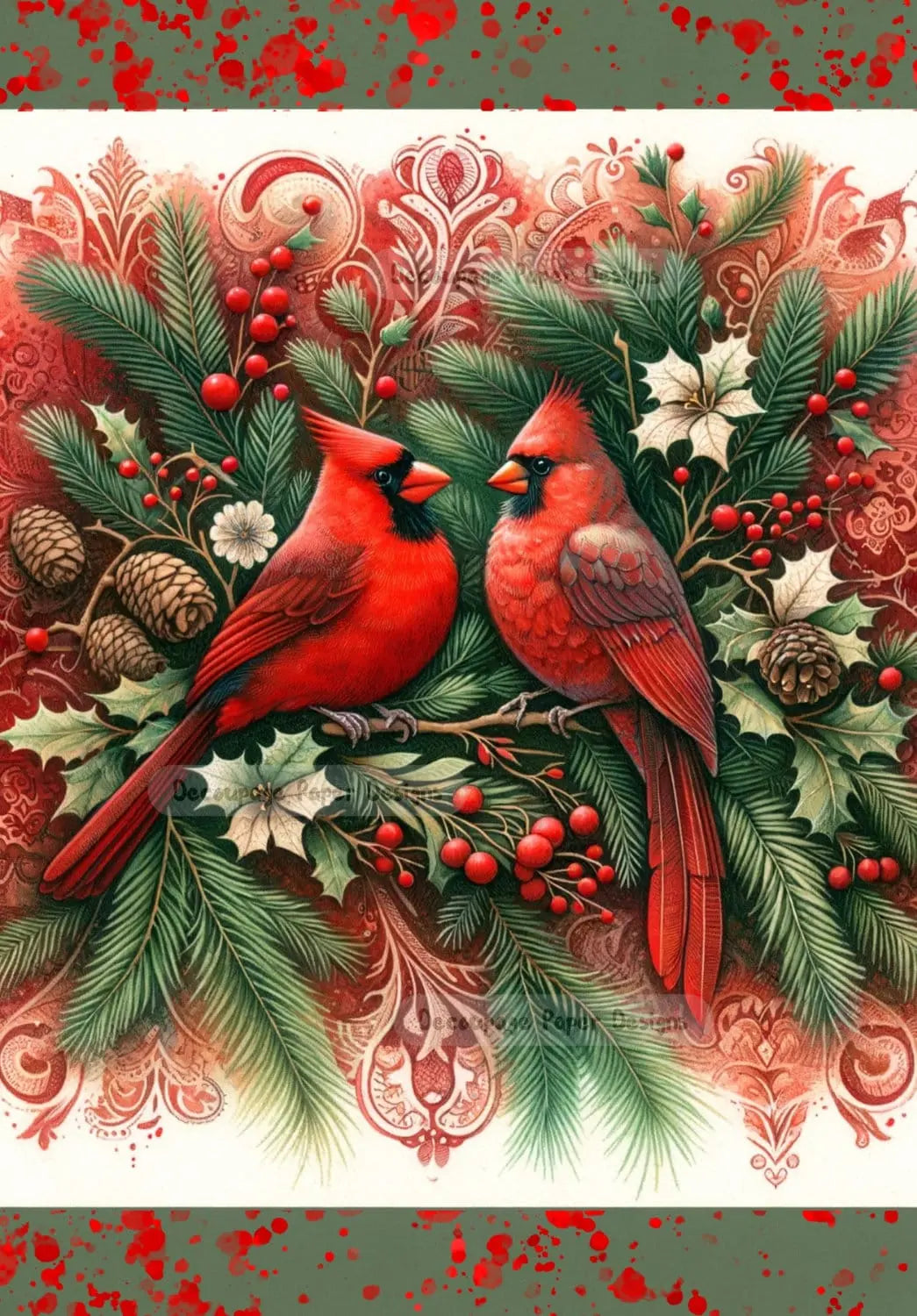 Decoupage Creatives, Rice Paper, Mixed Media, Cardinals, Christmas Greenery, Garland, Flourishes, Holly, Flowers,A4 8.27 X 11.69, DPD-308 Decoupage Creatives