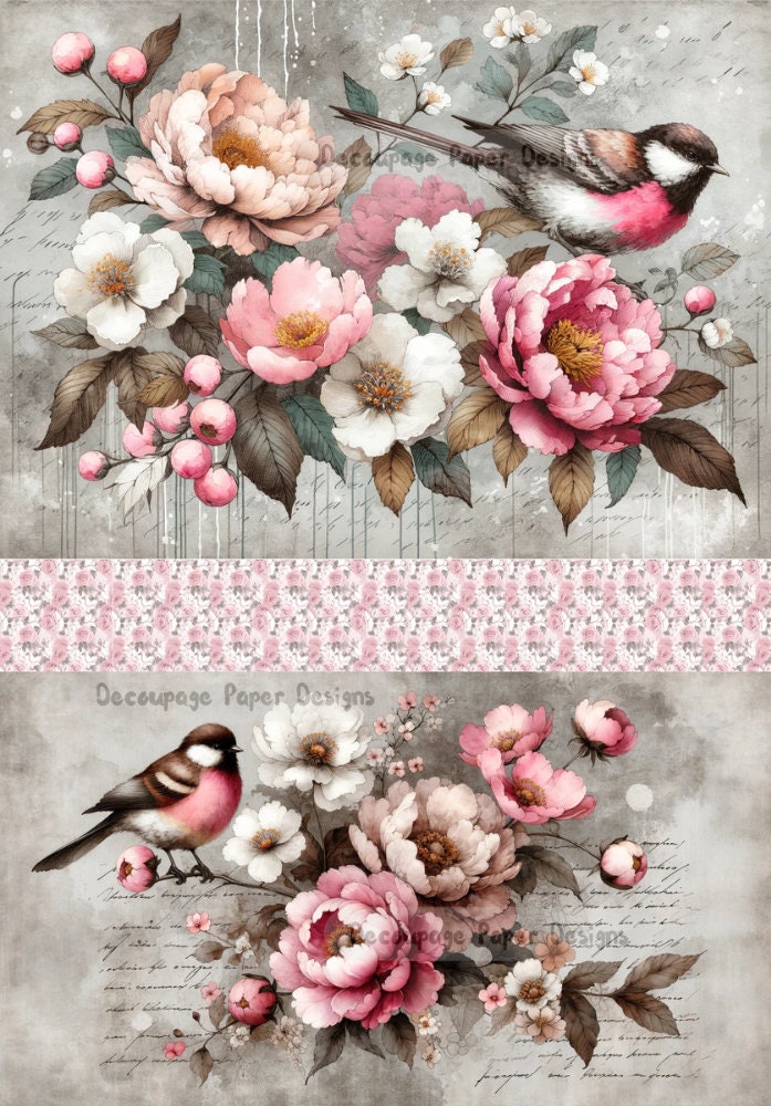 Decoupage Creatives, Rice Paper, Mixed Media, Spring, Birds, Delicate Harmony, Shabby Chic, Flowers, Squares A4 8.27 X 11.69, DPD-371