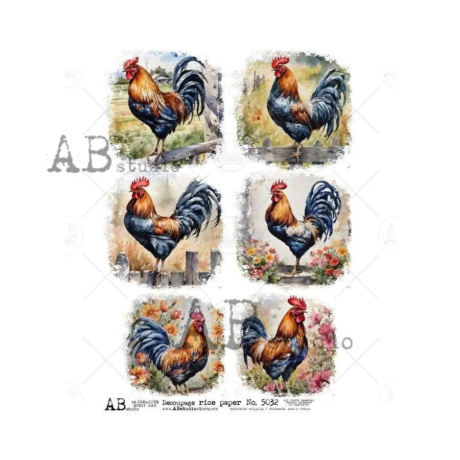 AB Studio, Rice Paper for Decoupage, Vintage, Roosters, Barn Yard, Country, Flowers, Circles, ID-5032 A4 8.27 x 11.69, Imported Poland AB Studio