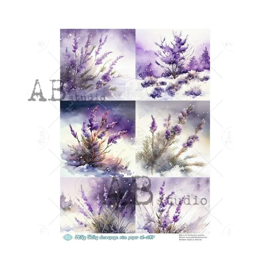 AB Studio, Milky Valley, Rice Paper Decoupage, Lavender, Snow, Squares, Winter, Purple, Mixed Media, ID247 A4 8.27 x 11.69, Imported Poland AB Studio