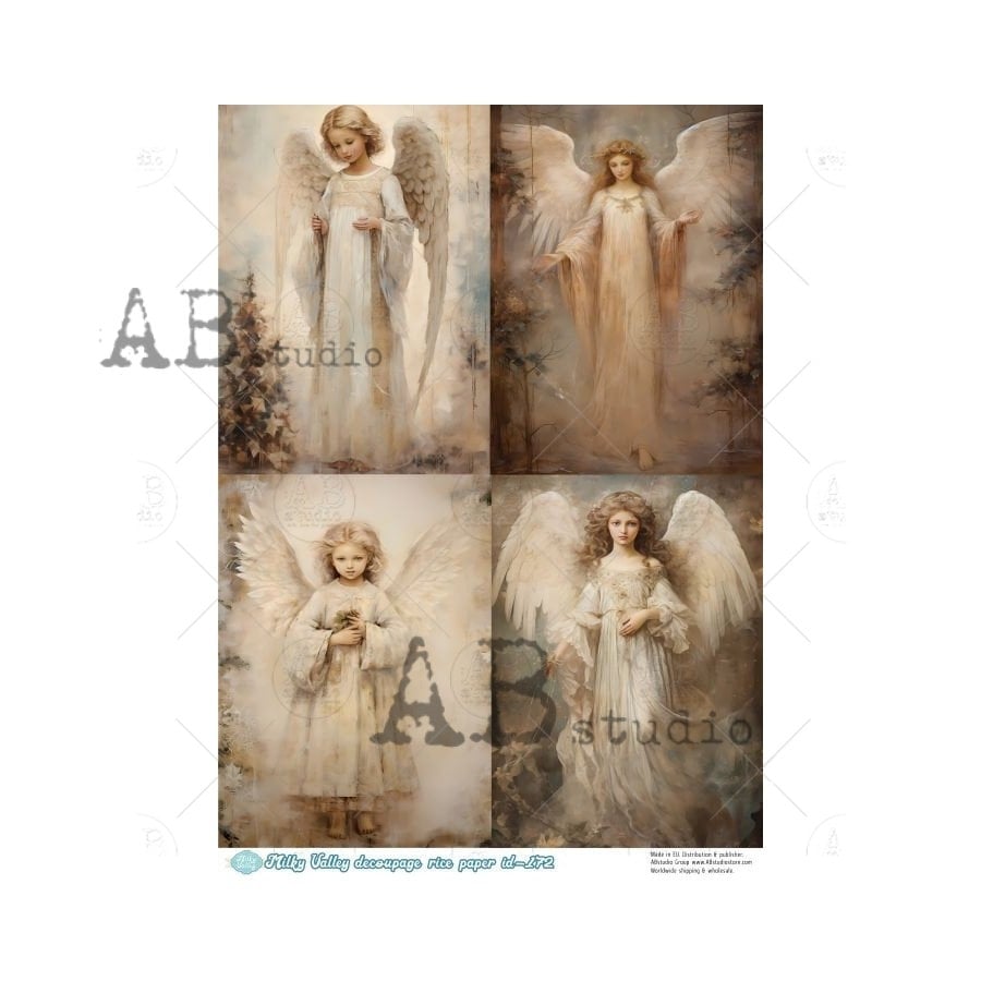 AB Studio, Milky Valley, Rice Paper Decoupage, Shabby Chic, Angels, Christmas, Squares, Mixed Media, ID-172 A4 8.27 x 11.69 Imported Poland