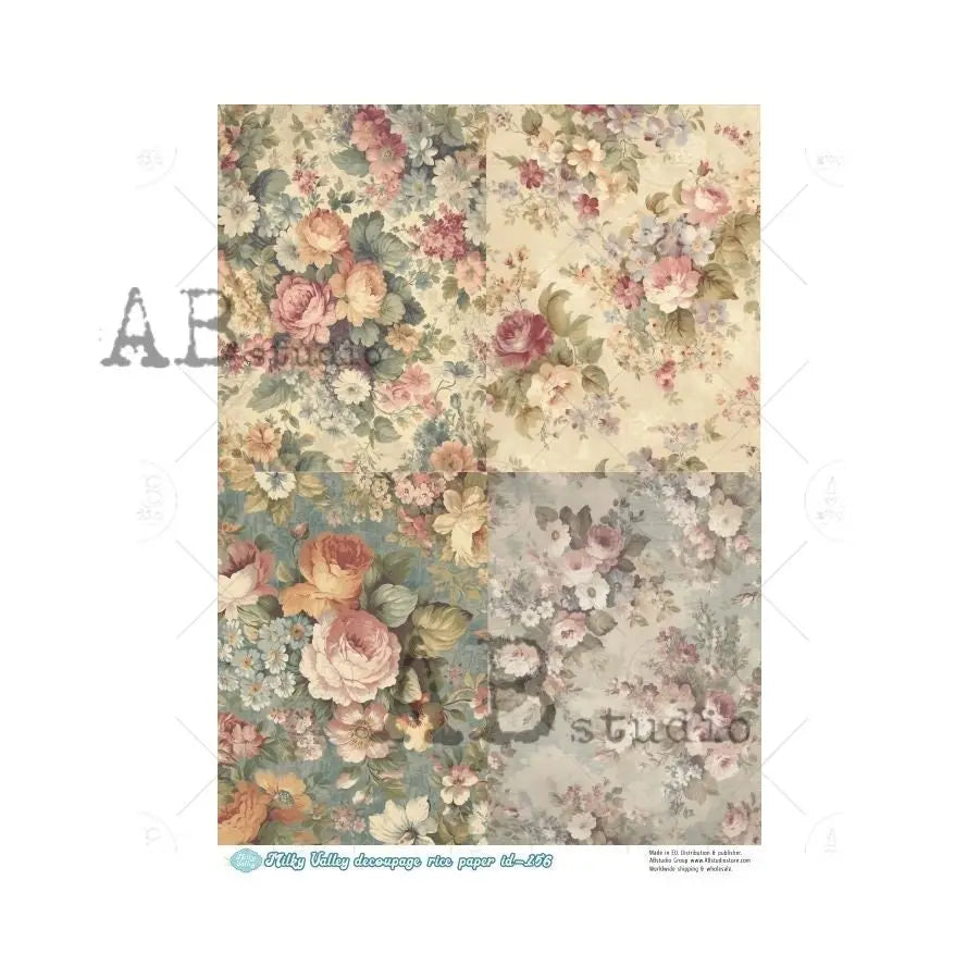 AB Studio, Milky Valley, Rice Paper Decoupage, Roses, Flowers, Wallpaper, Background, Mixed Media, ID-156 A4 8.27 x 11.69, Imported Poland AB Studio
