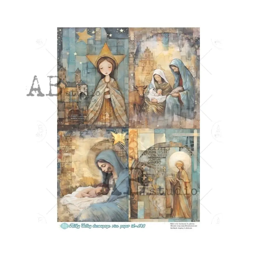 AB Studio, Milky Valley, Rice Paper Decoupage, Nativity, Angel, Christmas, Squares, Mixed Media, ID-148 A4 8.27 x 11.69 Imported Poland AB Studio