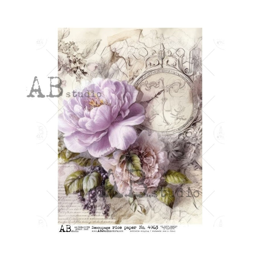 AB Studio, Rice Paper Decoupage, Vintage Style Flowers, Purple, Peony, Clock, Shabby chic, ID-4963 A4 8.27 x 11.69, Imported Poland