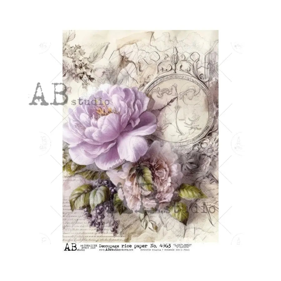 AB Studio, Rice Paper Decoupage, Vintage Style Flowers, Purple, Peony, Clock, Shabby chic, ID-4963 A4 8.27 x 11.69, Imported Poland AB Studio