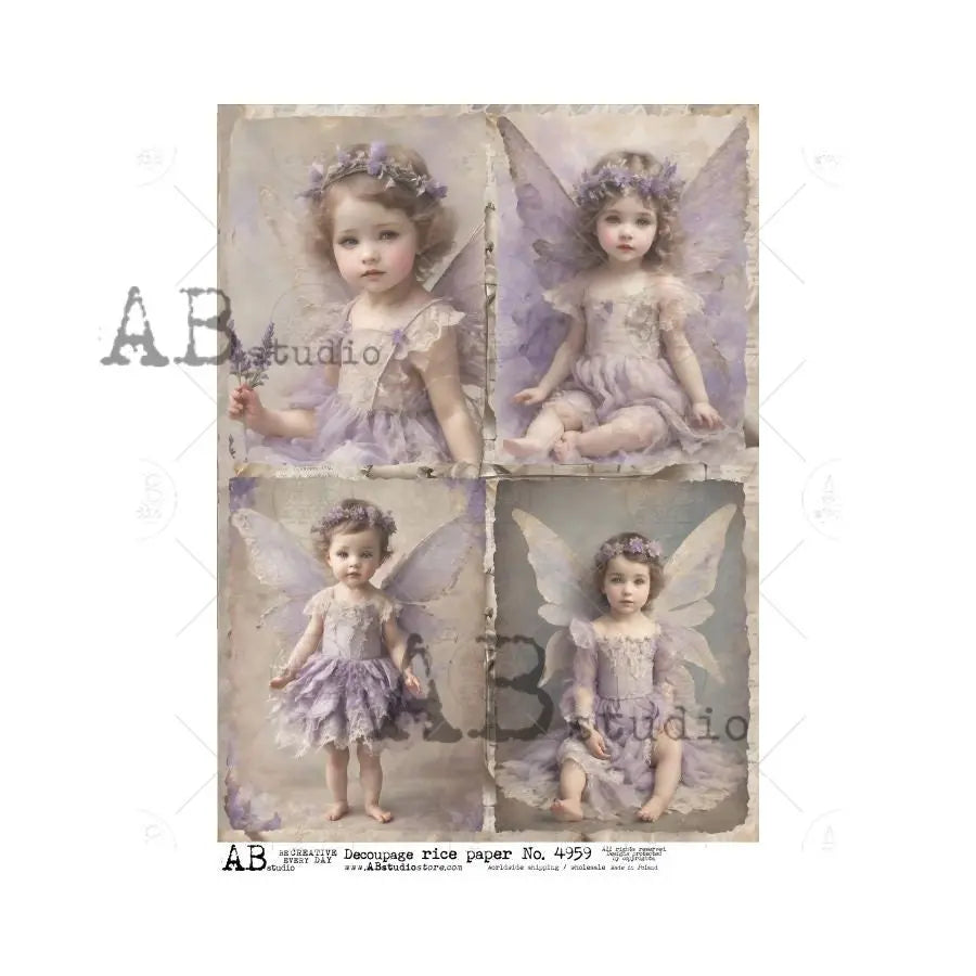 AB Studio, Rice Paper for Decoupage, Vintage, Shabby Chic, Purple Fairies, Squares, Girls, Lavender, ID4959 A4 8.27 x 11.69, Imported Poland AB Studio