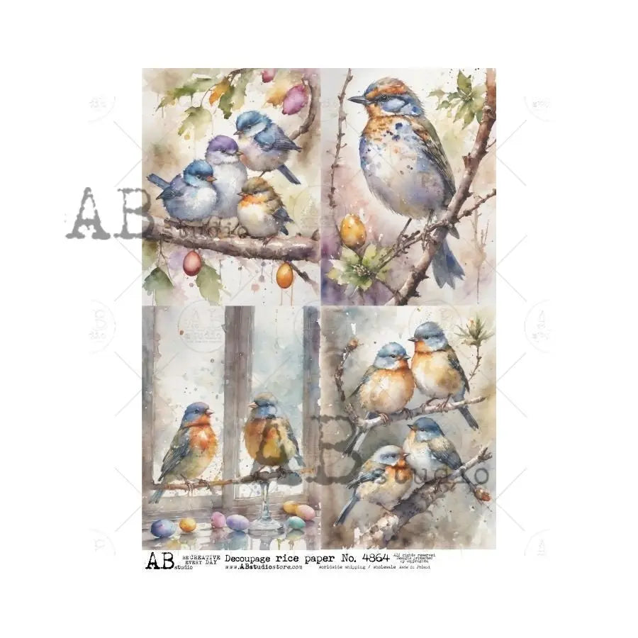AB Studio, Rice Paper for Decoupage, Watercolor, Shabby Chic, Birds, Antique Style, Squares, ID-4864 A4 8.27 x 11.69, Imported Poland AB Studio