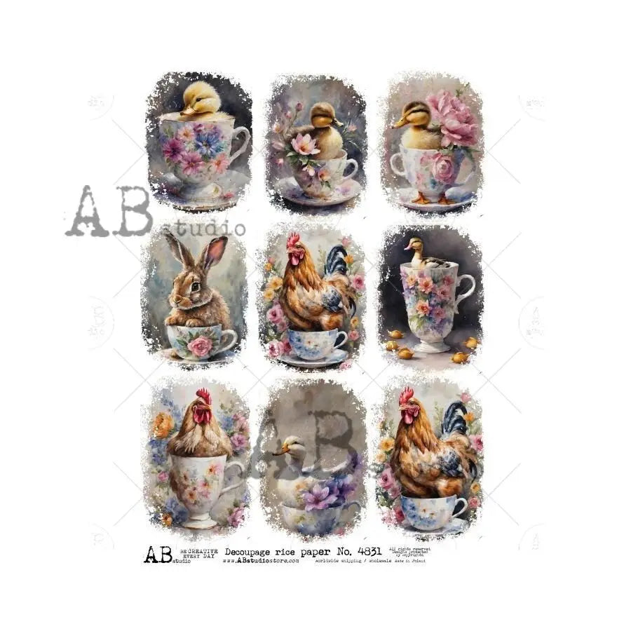 AB Studio, Rice Paper, Decoupage, Spring, Easter, Tea Cups, Chick, Rooster, Bunny, Flowers, Squares, ID4831 A4 8.27 x 11.69, Imported Poland AB Studio