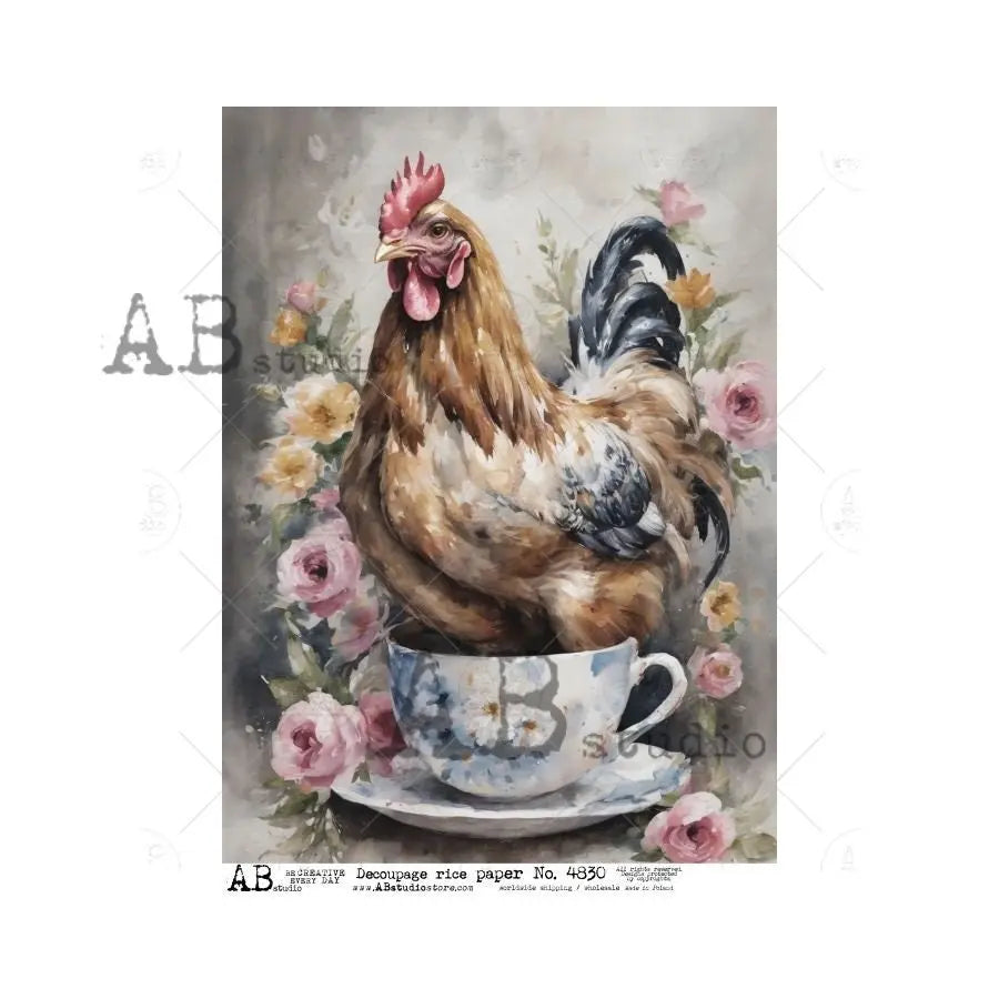 AB Studio, Rice Paper, Decoupage, Spring, Easter, Tea Cup, Rooster, Flowers, ID-4830 A4 8.27 x 11.69, Imported Poland AB Studio
