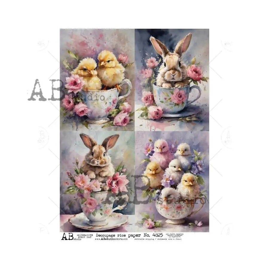 AB Studio, Rice Paper, Decoupage, Spring, Easter, Tea Cups, Chicks, Bunny, Flowers, Squares, ID4825 A4 8.27 x 11.69, Imported Poland AB Studio