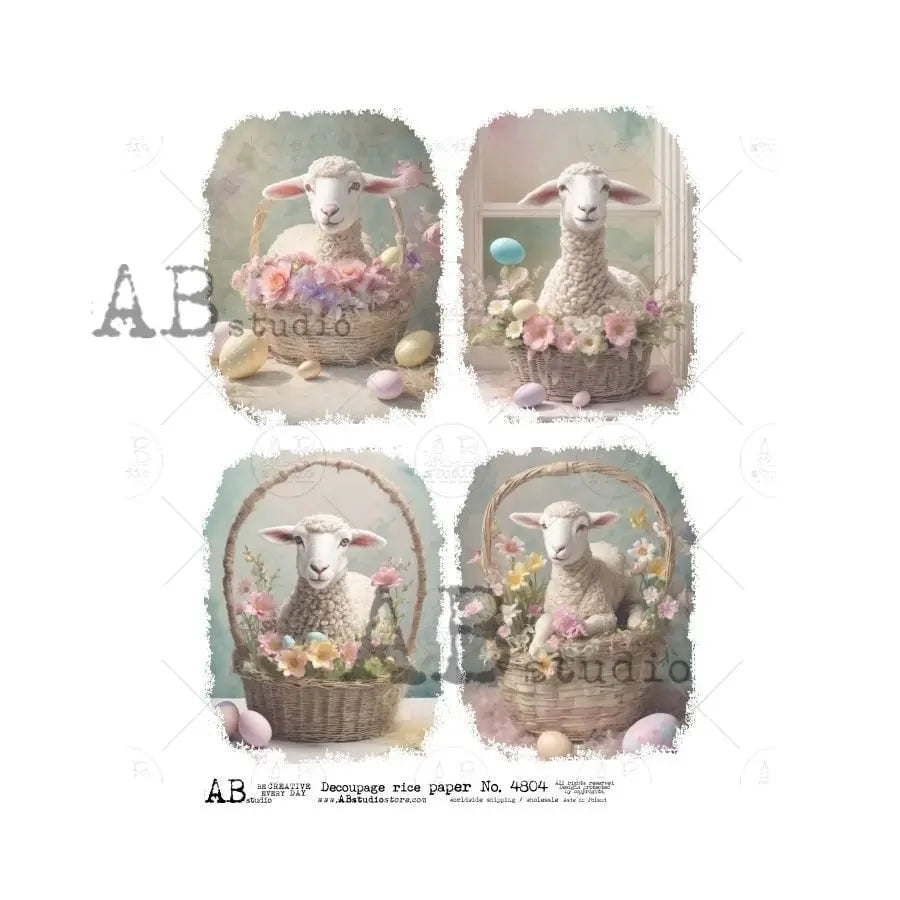 AB Studio, Rice Paper, Decoupage, Spring, Easter, Lamb, Sheep Flowers, Baskets, Eggs, Squares, ID4804 A4 8.27 x 11.69, Imported Poland AB Studio