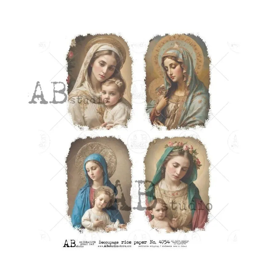 AB Studio, Rice Paper for Decoupage, Virgin Mary, Angel, Baby, Jesus, Holy, Squares, ID-4754, A4 8.27 x 11.69, Imported Poland AB Studio