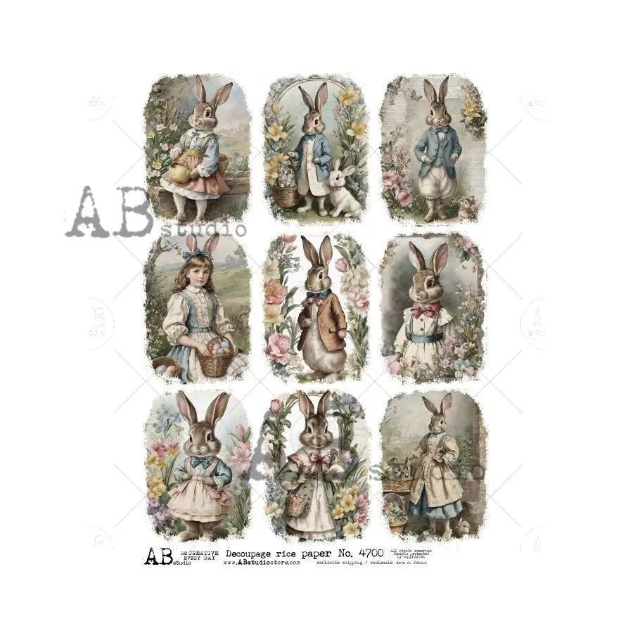 AB Studio, Rice Paper, Decoupage, Spring, Easter, Rabbits, Bunnies, Flowers, Vintage Style, Squares, ID4700 A4 8.27 x 11.69, Imported Poland AB Studio