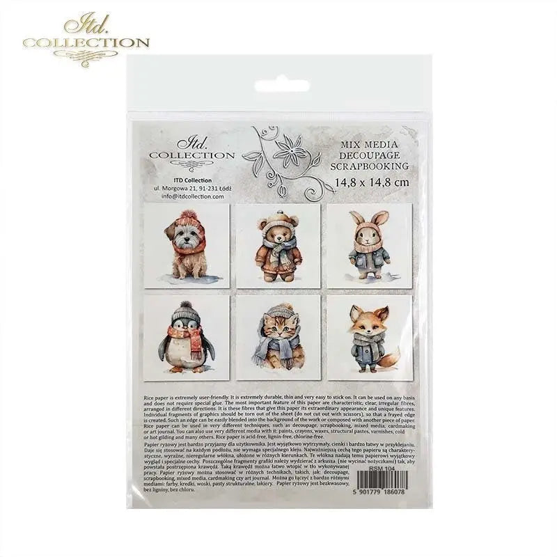ITD Collection Rice Paper Mini Set for Decoupage RSM104, 6 sheets, 14,8x14,8 cm, Baby, Penguin, Puppy, Bunny, Fox, Bear, Kitten ITD Collection