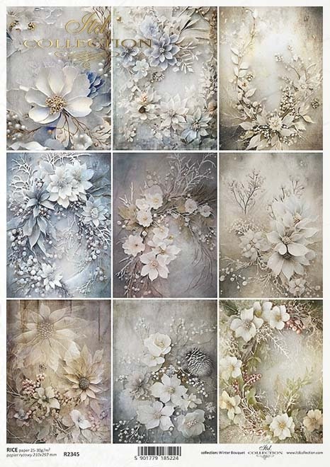 ITD Collection, Rice Paper, Decoupage, Mixed Media, R2345, A4, 8.27x11.7 Winter bouquet, flowers, collages, bouquets, wreaths, miniatures
