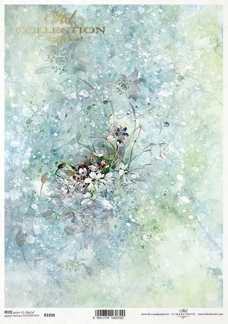 ITD Collection, Rice Paper, Decoupage, Mixed Media, R2208, A4, 8.27x11.7 Watercolor background, spring flowers, Wallpaper, Blue, Floral ITD Collection