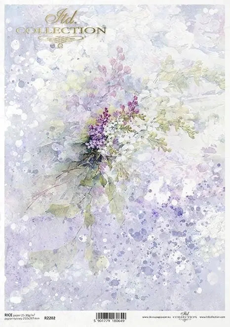 ITD Collection, Rice Paper, Decoupage, Mixed Media, R2202, A4, 8.27x11.7 Watercolor background, spring flowers, Wallpaper, Purple, Floral ITD Collection