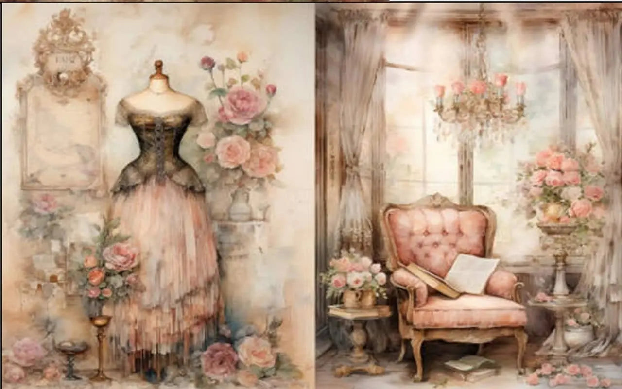 LaBlanche, 2023 Release, Rice Paper, Beautiful, Pink Roses, Vintage Dress, Victorian Chair, Shabby Chic Style, LBD331, A4 8.27 X 11.69 in LaBlanche