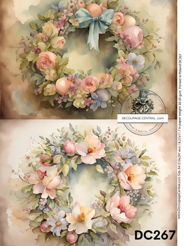 Decoupage Central, Rice Paper, Easter, Spring, Floral, Wreaths, 2 pack, Flowers, Decoration, Shabby Chic, DC267, Mixed Media, A4 8.27x11.69