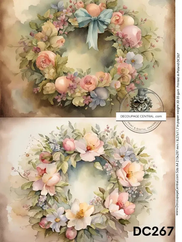 Decoupage Central, Rice Paper, Easter, Spring, Floral, Wreaths, 2 pack, Flowers, Decoration, Shabby Chic, DC267, Mixed Media, A4 8.27x11.69 Decoupage Central