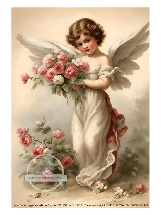 Decoupage Central, Victorian, Little Angel, Roses, Shabby chic, DC303, Rice Paper, Decoupage, Mixed Media, A4 - 8.27 X 11.69 in Decoupage Central