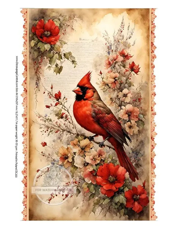 Decoupage Central, Holiday, Cardinals, Christmas, Vintage Style, Shabby Chic, DC335, Rice Paper, Decoupage, Mixed Media, A4 8.27x11.69 in Decoupage Central