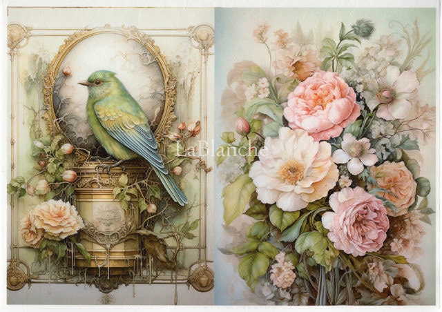 LaBlanche, 2024 Spring Release, Rice Paper, Peonies, Bouquet, Blue Bird, Frame, Shabby Chic, Squares, Lmt Ed LBD346 A4 8.27 X 11.69 in