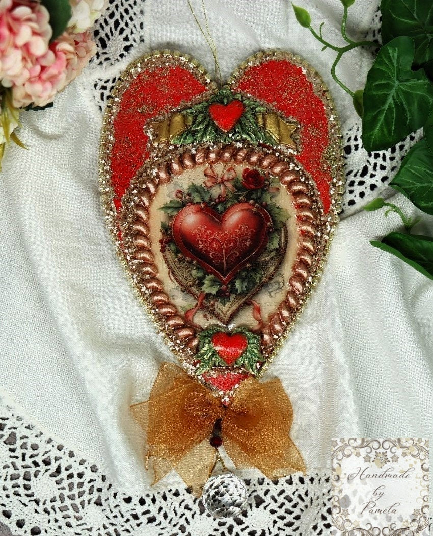 Handcrafted, Shabby Chic, Decoupage, Valentine, Mixed Media, Heart Ornament, Gift, Valentine's Day, Vintage Hearts, Gold, Red, Rhinestones