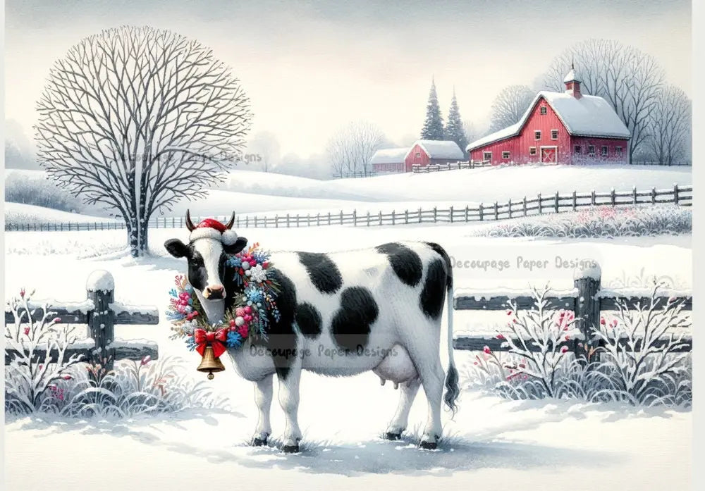 Decoupage Creatives, Rice Paper, Milk, Cow, Farm, Barn, Country, Winter, Snow, Mixed Media, Christmas, A4 8.27 X 11.69, DPD-164 Decoupage Creatives