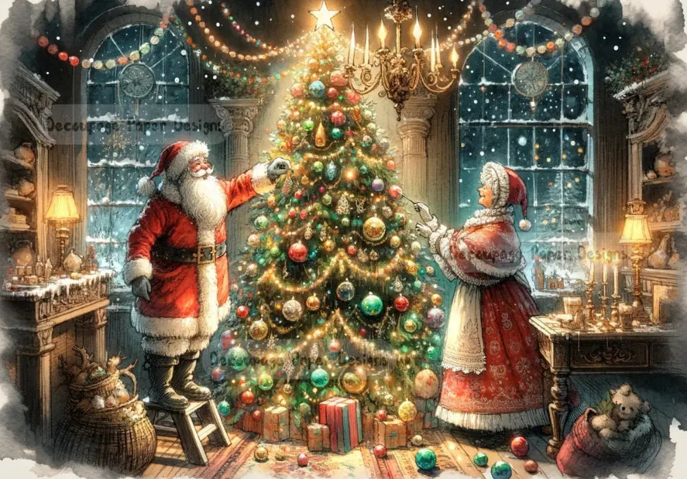 Decoupage Creatives, Rice Paper, Santa Claus, Mrs Claus, Christmas Tree, Decorations, Mixed Media, Christmas, A4 8.27 X 11.69, DPD-234 Decoupage Creatives