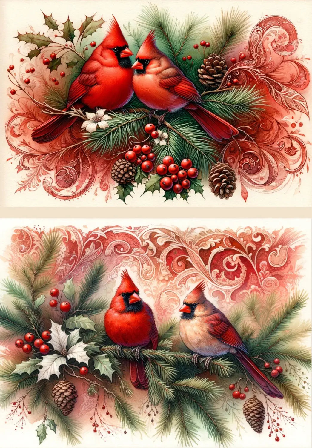 Decoupage Creatives, Rice Paper, Mixed Media, Cardinals, Christmas Greenery, Garland, Flourishes, Holly, Flowers,A4 8.27 X 11.69, DPD-306 Decoupage Creatives