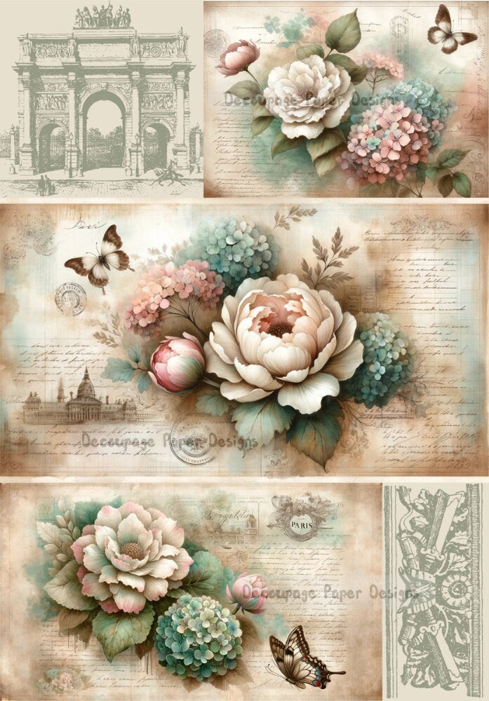 Decoupage Creatives, Rice Paper, Mixed Media, Spring, Birds, Paris, Butterflies, Shabby Chic, Flowers, Peonies, A4 8.27 X 11.69, DPD-388