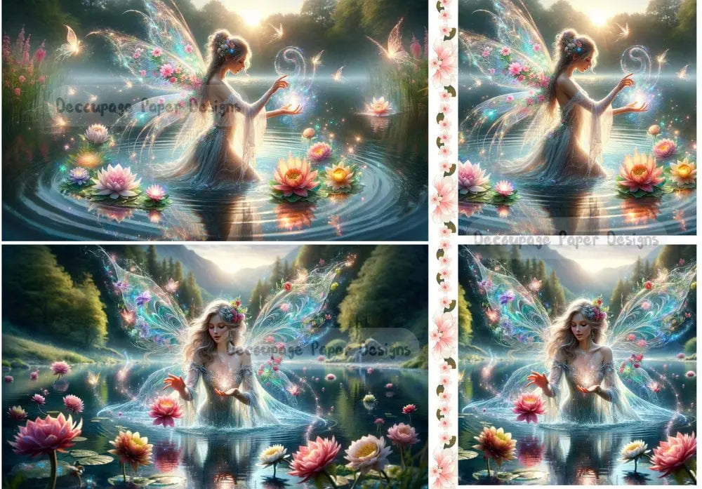 Decoupage Creatives, Rice Paper, Mixed Media, Fairies, Water, Lake, Fantasy, Butterflies, Mystical, Squares, A4 8.27 X 11.69, DPD-428 Decoupage Creatives