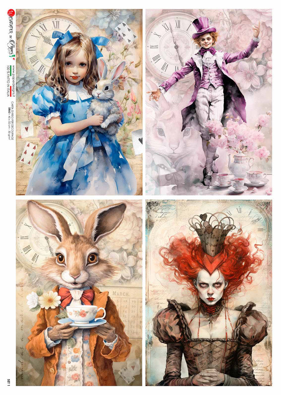 Paper Designs, Special Release, Alice, Wonderland, Rabbit, Queen of Hearts, Mad Hatter, Rice Paper, Decoupage, Mixed Media, A4 8.3x11.7