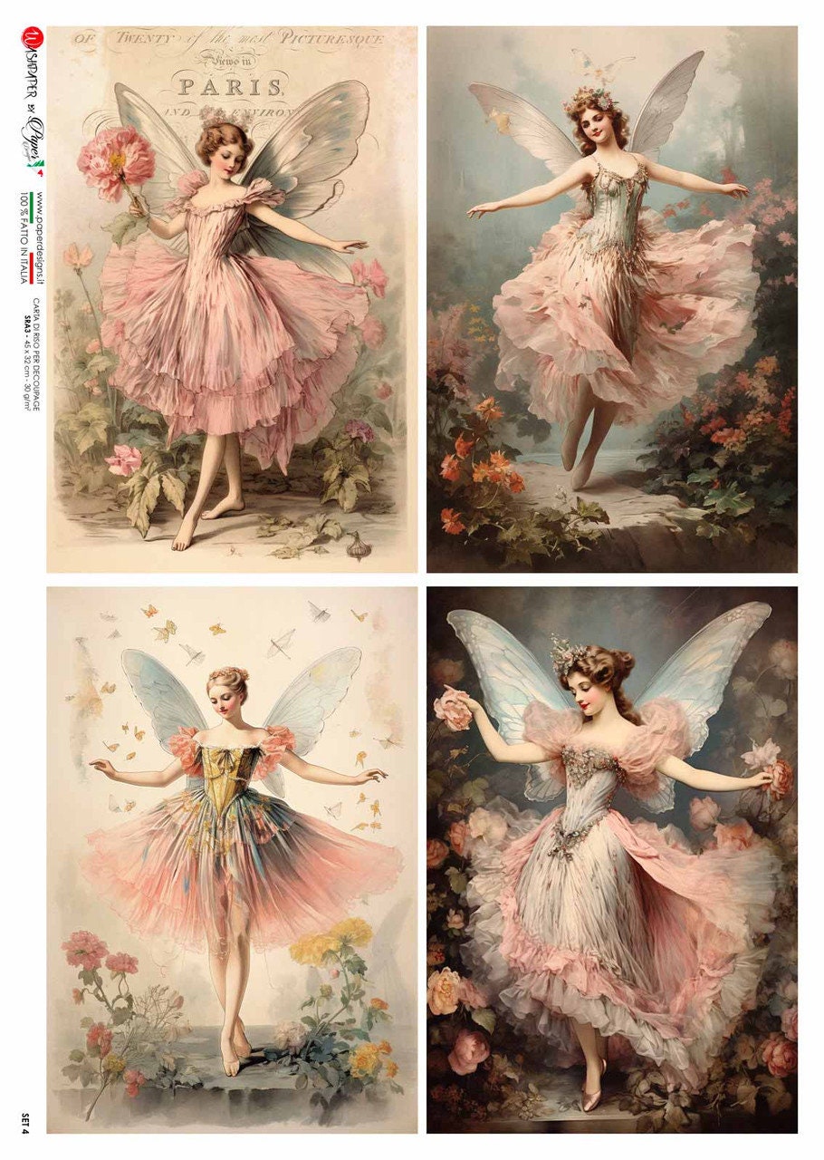 Paper Designs, Special Release, Fairies, Roses, 4 Pack, Shabby Chic, Vintage Style, Rice Paper, Decoupage, Mixed Media, A4 8.3" X 11.7"