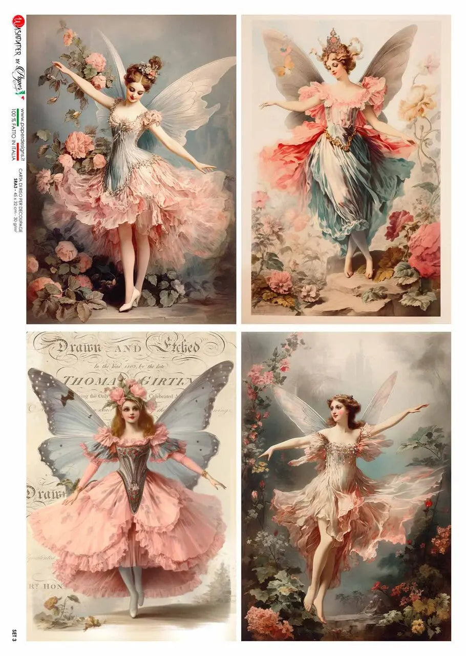 Paper Designs, Special Release, Fairies, Roses, 4 Pack, Shabby Chic, Vintage Style, Rice Paper, Decoupage, Mixed Media, A4 8.3" X 11.7" Paper Designs