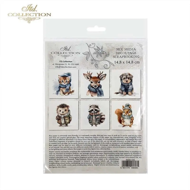 ITD Collection Rice Paper Mini Set for Decoupage RSM105, 6 sheets, 14,8x14,8 cm, Baby, Kitten, Puppy, Racoon, Squirrel, Deer, Hedgehog ITD Collection