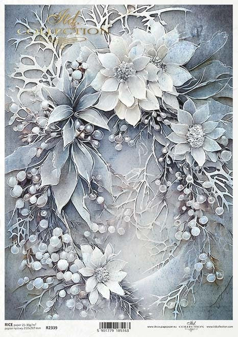ITD Collection, Rice Paper, Blue Winter Bouquets, Flowers, Wreath, Christmas, Decoupage, Mixed Media, R2339, A4, 8.27x11.7
