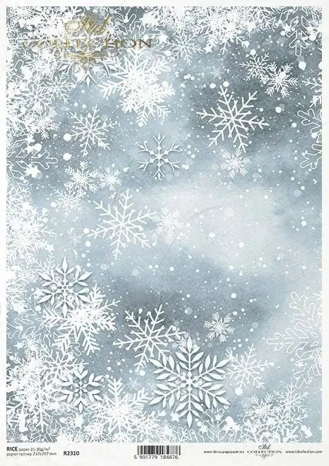 ITD Collection, Rice Paper, Decoupage, Mixed Media, R2310, A4, 8.27x11.7 Winter Snowflakes, Background, Wallpaper, Blue White, Crystal, Snow ITD Collection