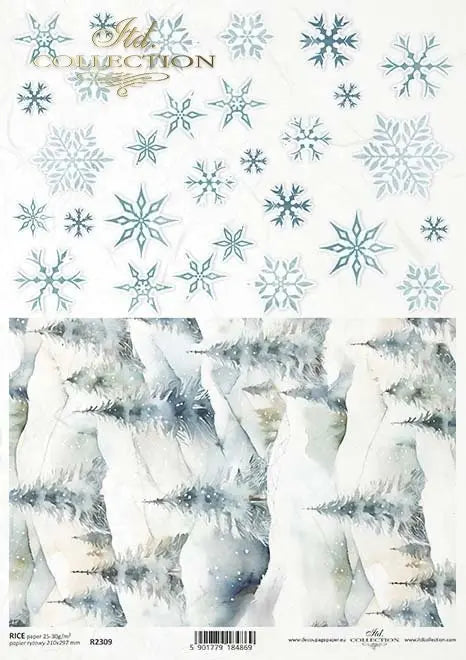 ITD Collection, Rice Paper, Decoupage, Mixed Media, R2309, A4, 8.27x11.7 Christmas trees, views, snowflakes, Snow, Background, Wallpaper ITD Collection