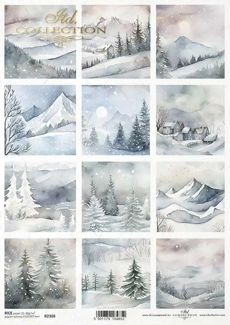 ITD Collection, Rice Paper, Decoupage, Mixed Media, R2308, A4, 8.27x11.7 Christmas, Winter, Snow, landscape, forest, mountains, Squares ITD Collection