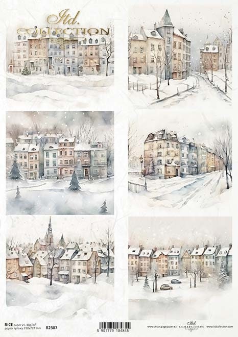 ITD Collection, Rice Paper, Decoupage, Mixed Media, R2307, A4, 8.27x11.7 Winter, Views, buildings, Row Houses, Cottages, Snow Scene