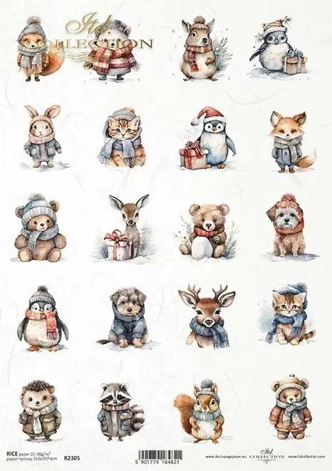 ITD Collection, Rice Paper, Decoupage, Mixed Media, R2305, A4, 8.27x11.7 Christmas, Winter, Animals, Baby, Pets, Puppies, Kittens, Bears ITD Collection