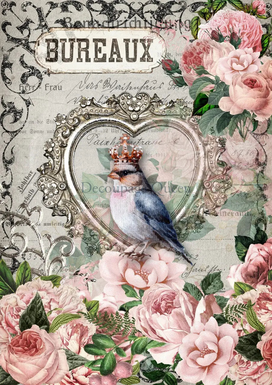 Decoupage Queen, Rice Paper, 2024 Spring Release, Crowned Lady, Bird, Vintage Style, Heart Frame, Roses, Blue Bird, 0558, A4 8.3" X 11.7" Decoupage Queen