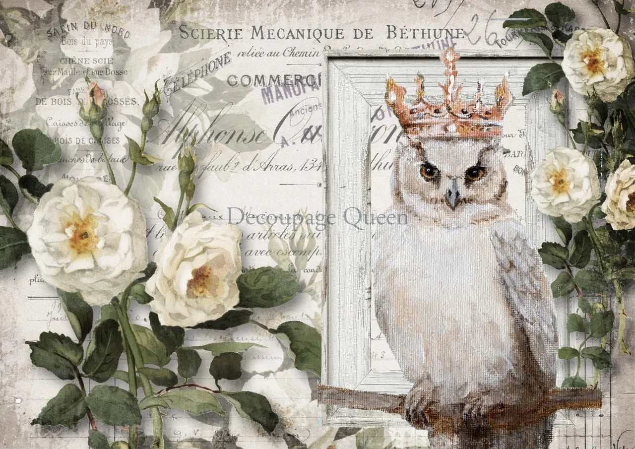 Decoupage Queen, Rice Paper, 2024 Spring Release, Crowned, White Owl, Flowers, Magnolia, Vintage Style, 0559, A4 8.3" X 11.7" Decoupage Queen